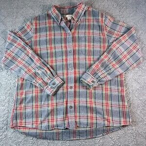 LL Bean Men's Flannel Shirt L Grey Red Plaid Cotton Button Down Long Sleeve